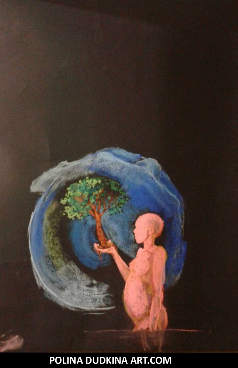 Polina Dudkina original surreal woman holding a tree Ukrainian painting