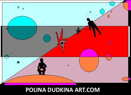 Polina Dudkina surreal geometric shapes with human figures original Ukrainian painting