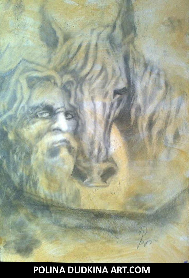 Polina Dudkina original man embracing a horse Ukrainian painting