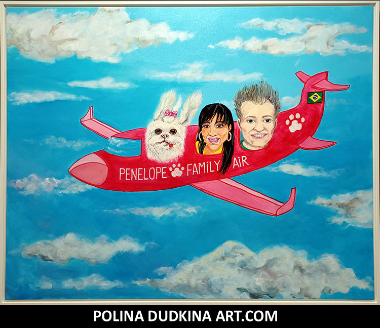 Polina Dudkina original commissioned painting of my Client's dog named Penelope and Penelope's Owners
